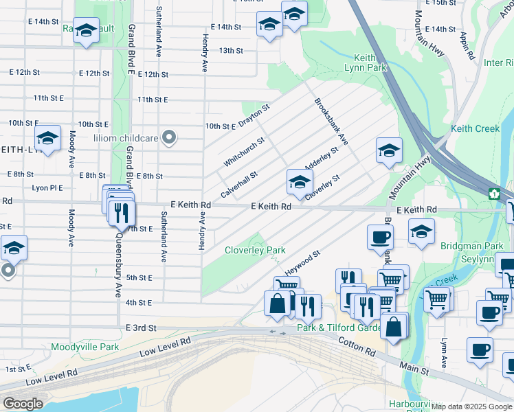 map of restaurants, bars, coffee shops, grocery stores, and more near 910 Keith Road East in North Vancouver