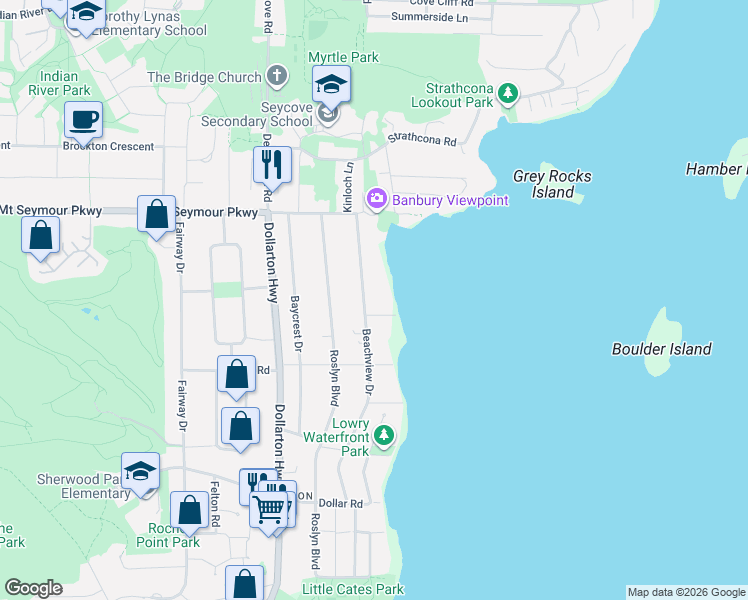 map of restaurants, bars, coffee shops, grocery stores, and more near 828 Beachview Drive in North Vancouver
