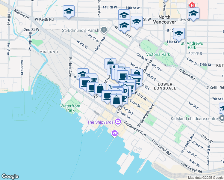 map of restaurants, bars, coffee shops, grocery stores, and more near in North Vancouver