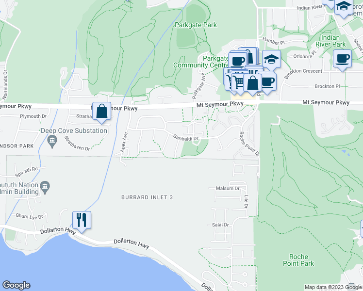 map of restaurants, bars, coffee shops, grocery stores, and more near 870 Ruckle Court in North Vancouver