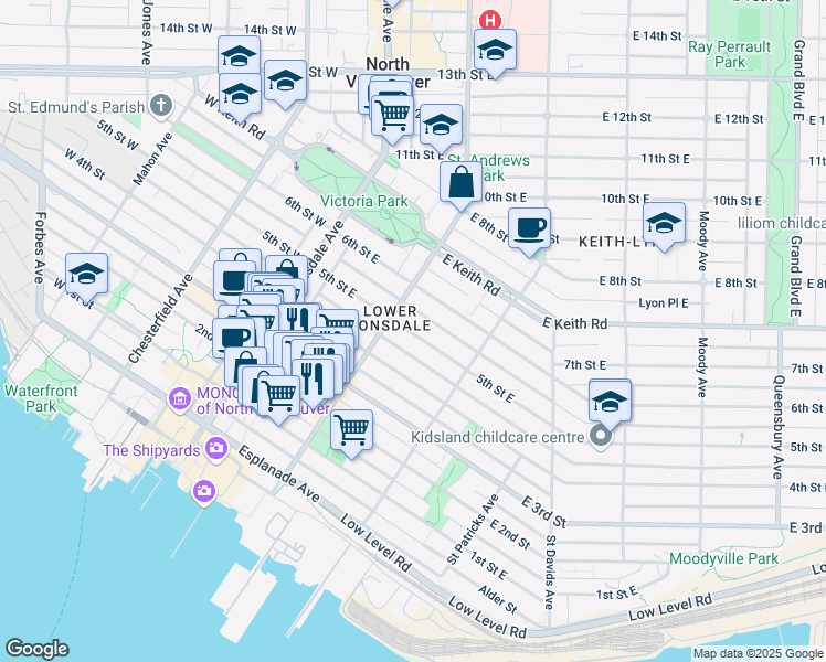 map of restaurants, bars, coffee shops, grocery stores, and more near 222 5th Street East in North Vancouver