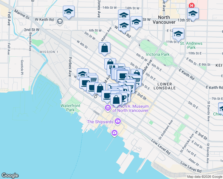 map of restaurants, bars, coffee shops, grocery stores, and more near 153 West 2nd Avenue in Vancouver