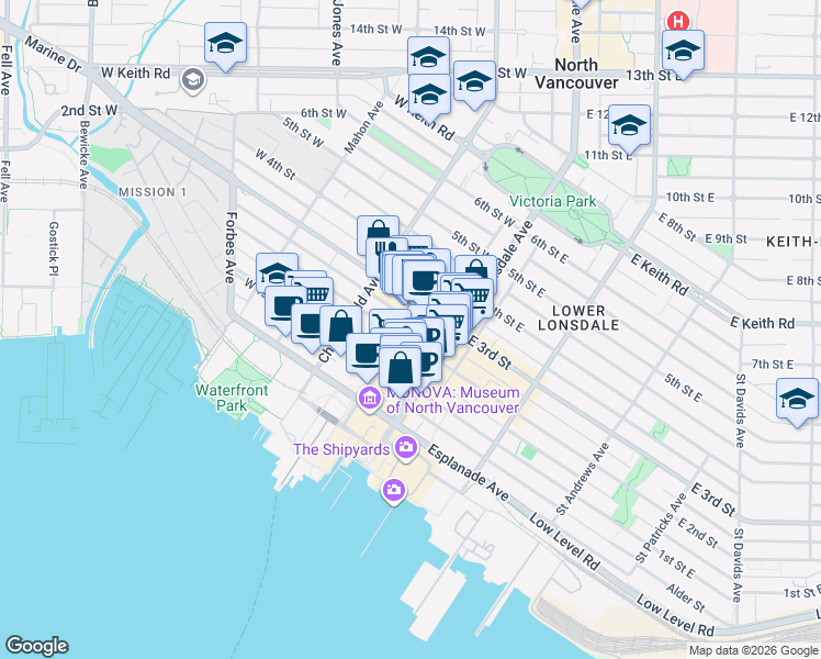 map of restaurants, bars, coffee shops, grocery stores, and more near in Vancouver