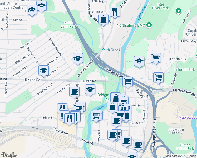 map of restaurants, bars, coffee shops, grocery stores, and more near 1336 Keith Road East in North Vancouver
