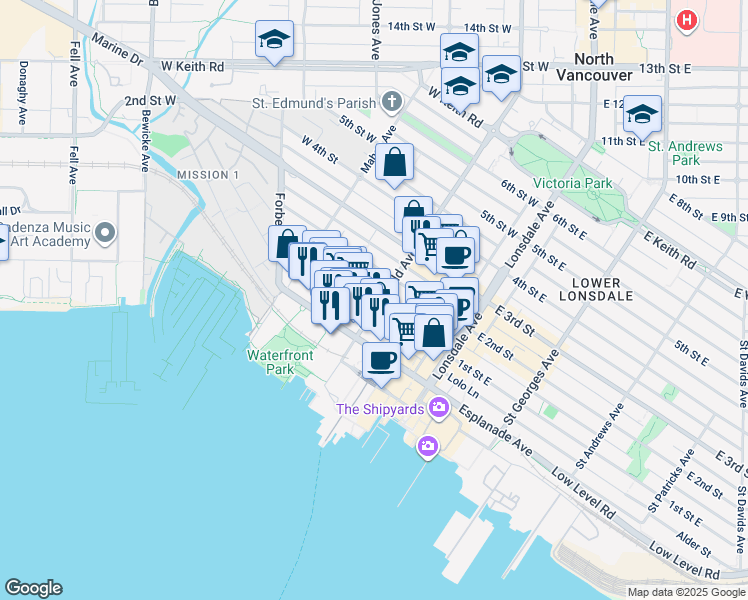 map of restaurants, bars, coffee shops, grocery stores, and more near 107 Chesterfield Avenue in North Vancouver