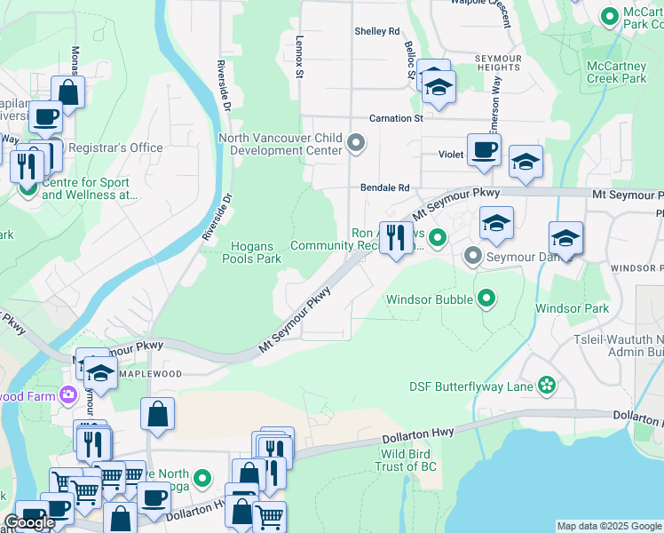 map of restaurants, bars, coffee shops, grocery stores, and more near 870 Browning Place in North Vancouver