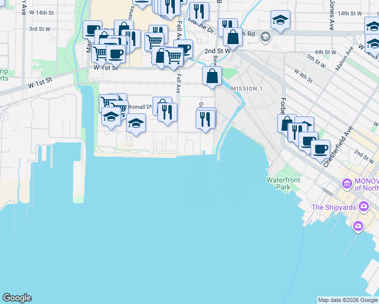map of restaurants, bars, coffee shops, grocery stores, and more near Harbour Way in North Vancouver