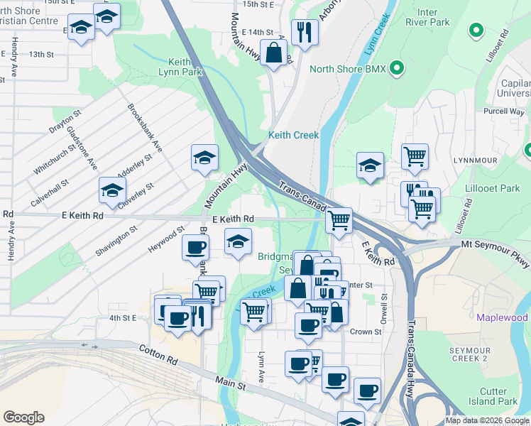 map of restaurants, bars, coffee shops, grocery stores, and more near 1346 East Keith Road in North Vancouver