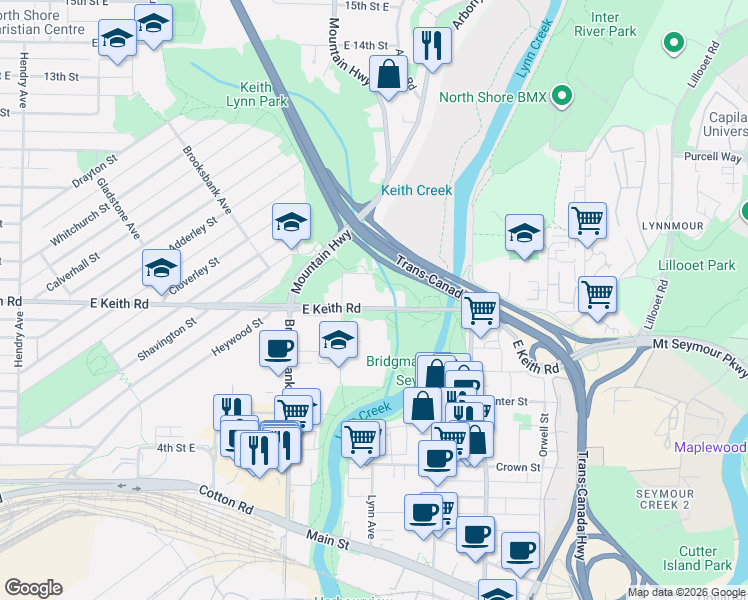 map of restaurants, bars, coffee shops, grocery stores, and more near 1344 East Keith Road in North Vancouver