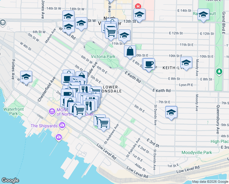 map of restaurants, bars, coffee shops, grocery stores, and more near in North Vancouver