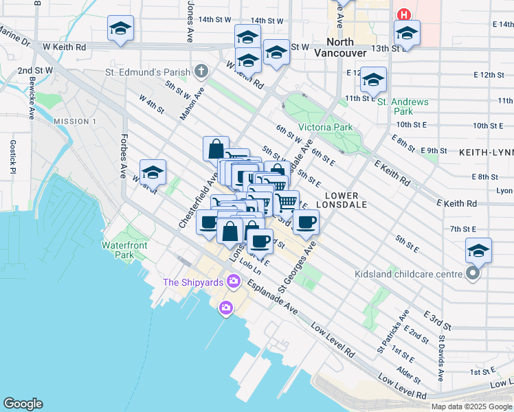 map of restaurants, bars, coffee shops, grocery stores, and more near 111 East 3rd Street in North Vancouver
