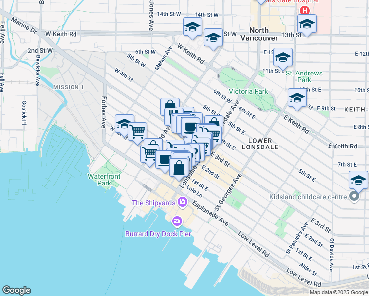map of restaurants, bars, coffee shops, grocery stores, and more near in North Vancouver