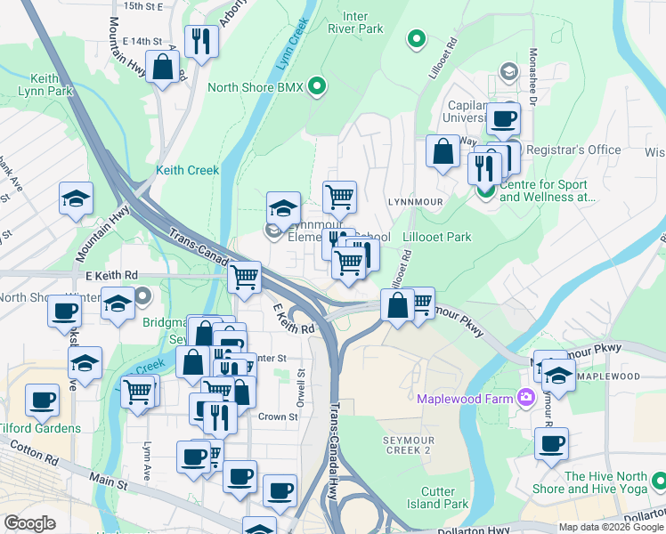 map of restaurants, bars, coffee shops, grocery stores, and more near 717 Premier Street in North Vancouver