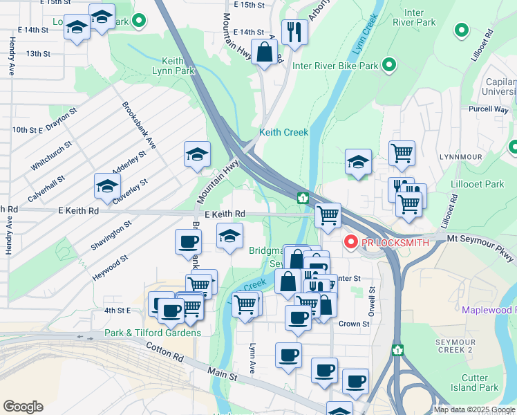 map of restaurants, bars, coffee shops, grocery stores, and more near 1352 Keith Road East in North Vancouver