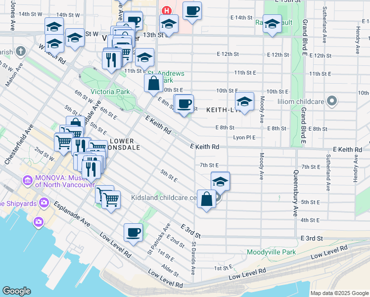 map of restaurants, bars, coffee shops, grocery stores, and more near 323 East Keith Road in North Vancouver