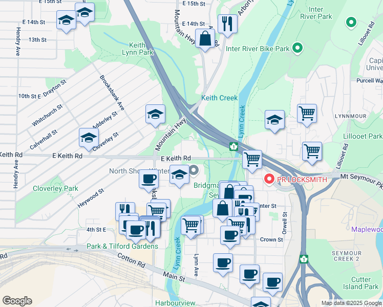 map of restaurants, bars, coffee shops, grocery stores, and more near 1332 East Keith Road in North Vancouver