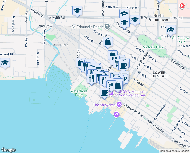 map of restaurants, bars, coffee shops, grocery stores, and more near in North Vancouver