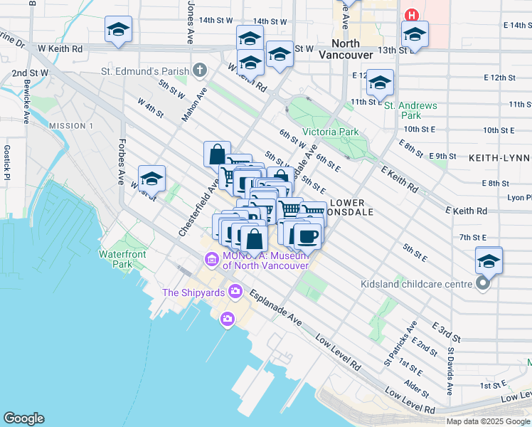 map of restaurants, bars, coffee shops, grocery stores, and more near in North Vancouver