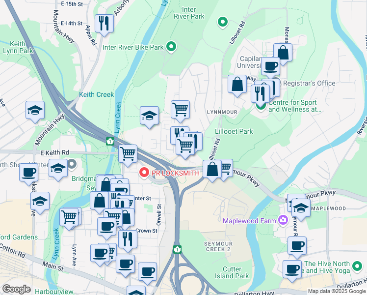 map of restaurants, bars, coffee shops, grocery stores, and more near 829 Old Lillooet Road in North Vancouver