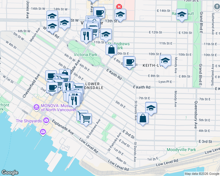 map of restaurants, bars, coffee shops, grocery stores, and more near 255 6th Street East in North Vancouver