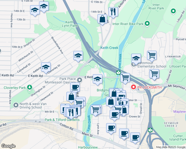 map of restaurants, bars, coffee shops, grocery stores, and more near 1316 Keith Road East in North Vancouver