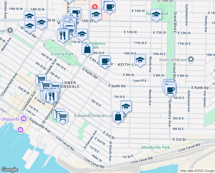 map of restaurants, bars, coffee shops, grocery stores, and more near 333 Keith Road East in North Vancouver