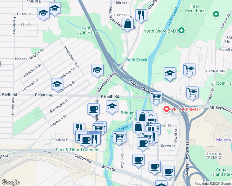 map of restaurants, bars, coffee shops, grocery stores, and more near 1316 East Keith Road in North Vancouver