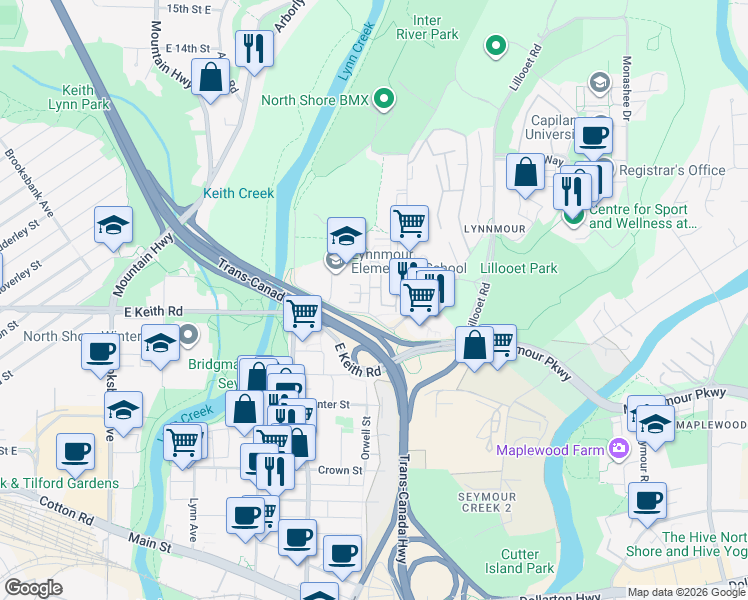 map of restaurants, bars, coffee shops, grocery stores, and more near 716 Orwell Street in North Vancouver