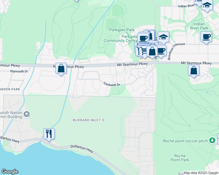 map of restaurants, bars, coffee shops, grocery stores, and more near 880 Ruckle Court in North Vancouver