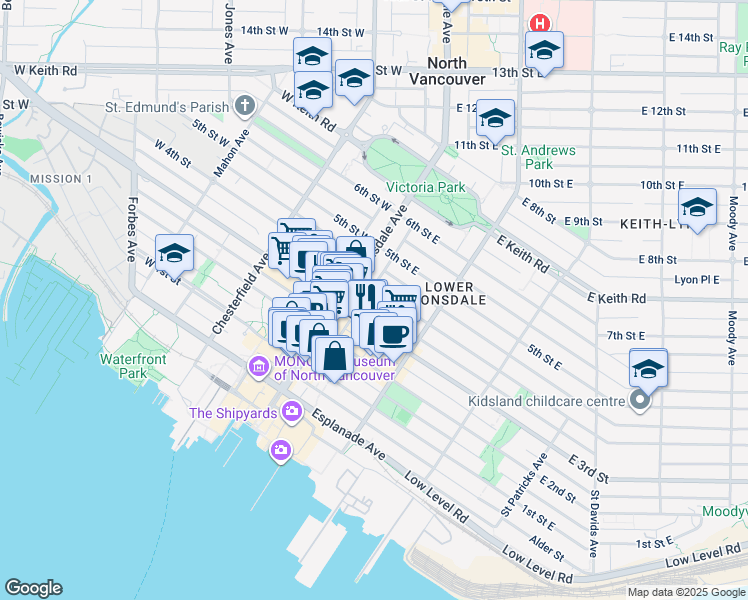 map of restaurants, bars, coffee shops, grocery stores, and more near 127 4th Street East in North Vancouver
