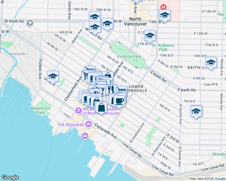 map of restaurants, bars, coffee shops, grocery stores, and more near 127 4th Street East in North Vancouver