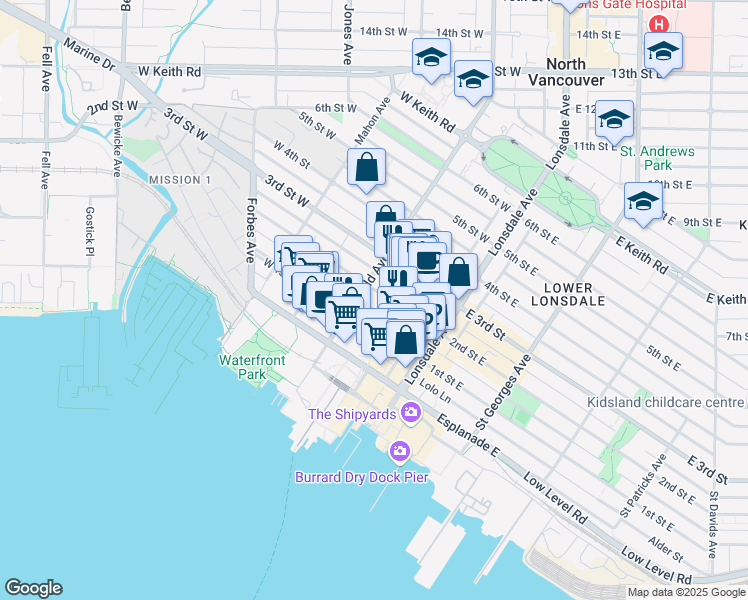 map of restaurants, bars, coffee shops, grocery stores, and more near in Vancouver