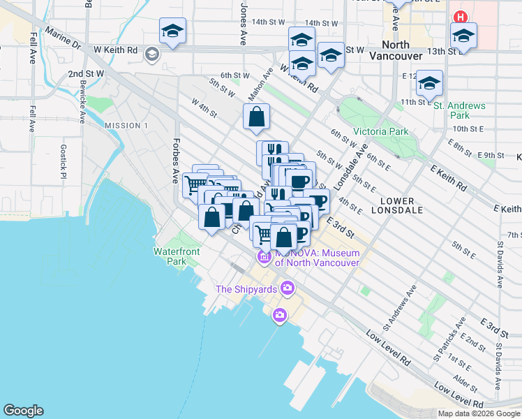 map of restaurants, bars, coffee shops, grocery stores, and more near 175 West 2nd Avenue in Vancouver