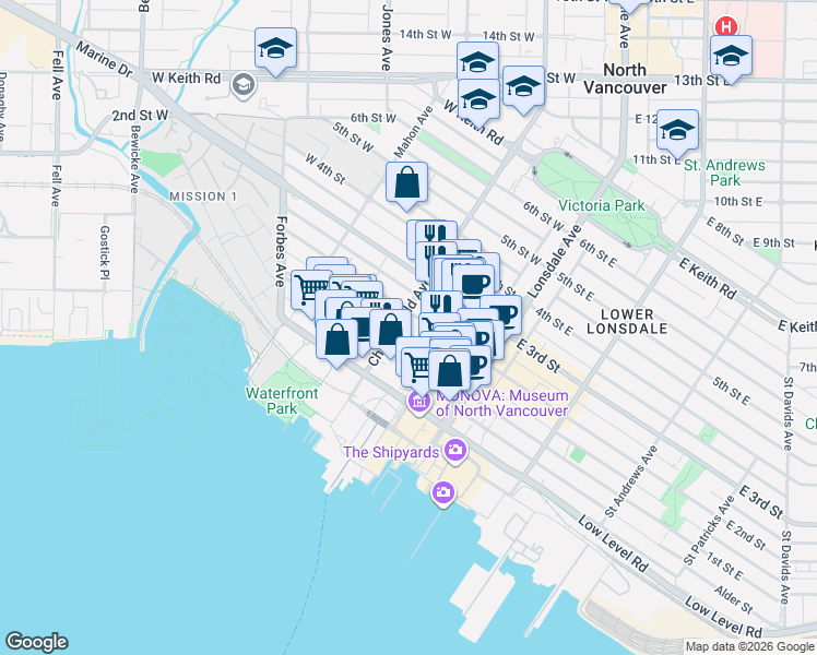 map of restaurants, bars, coffee shops, grocery stores, and more near 175 West 2nd Avenue in Vancouver