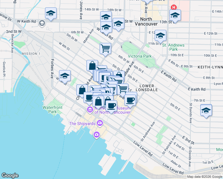 map of restaurants, bars, coffee shops, grocery stores, and more near 124 3rd Street West in North Vancouver