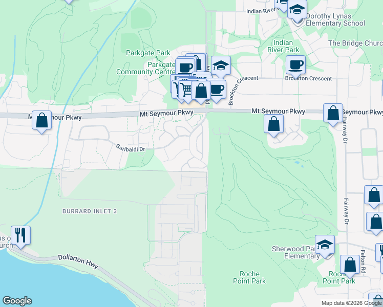 map of restaurants, bars, coffee shops, grocery stores, and more near 912 Roche Point Drive in North Vancouver