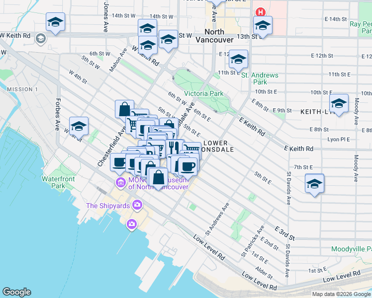map of restaurants, bars, coffee shops, grocery stores, and more near in North Vancouver