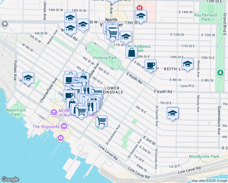map of restaurants, bars, coffee shops, grocery stores, and more near in North Vancouver