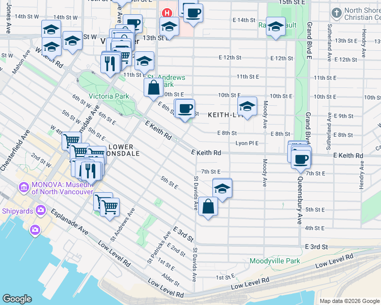 map of restaurants, bars, coffee shops, grocery stores, and more near in North Vancouver