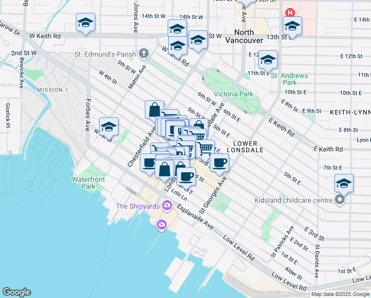 map of restaurants, bars, coffee shops, grocery stores, and more near in North Vancouver