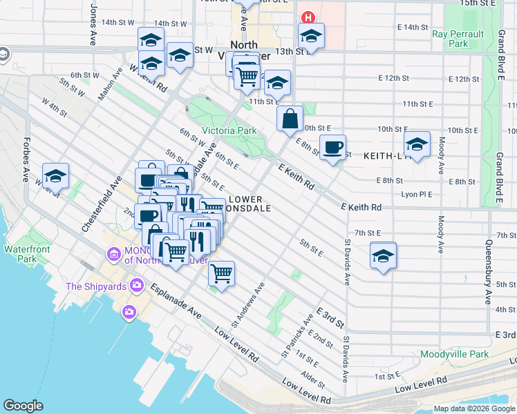 map of restaurants, bars, coffee shops, grocery stores, and more near 222 5th Street East in North Vancouver