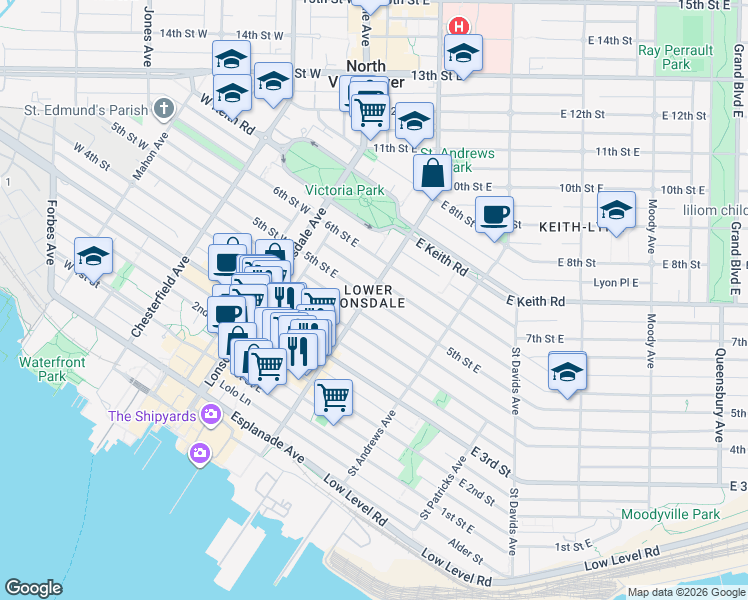 map of restaurants, bars, coffee shops, grocery stores, and more near 150e 5th Street East in North Vancouver