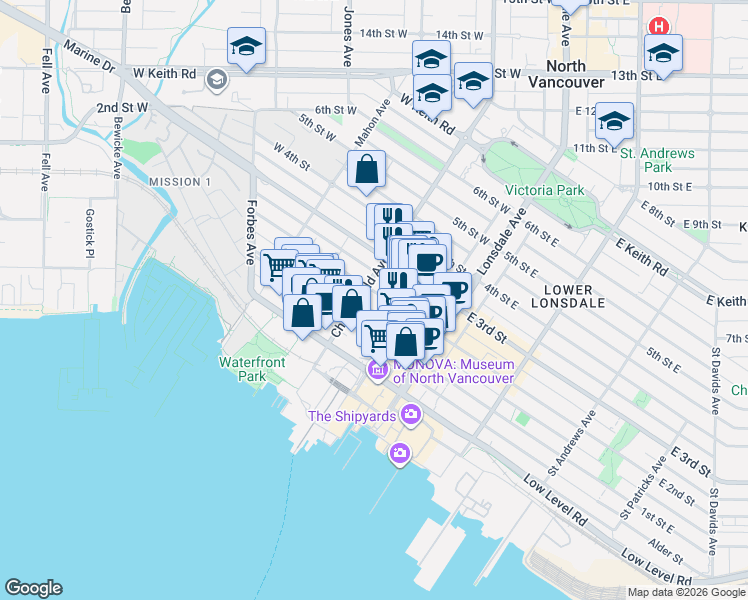 map of restaurants, bars, coffee shops, grocery stores, and more near in Vancouver
