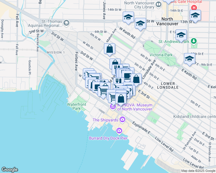 map of restaurants, bars, coffee shops, grocery stores, and more near 186 Chesterfield Avenue in North Vancouver