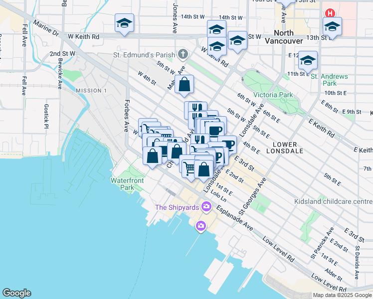 map of restaurants, bars, coffee shops, grocery stores, and more near 188 Chesterfield Avenue in North Vancouver