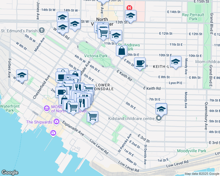 map of restaurants, bars, coffee shops, grocery stores, and more near 222 5th Street East in North Vancouver