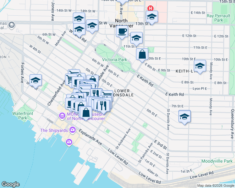 map of restaurants, bars, coffee shops, grocery stores, and more near in North Vancouver