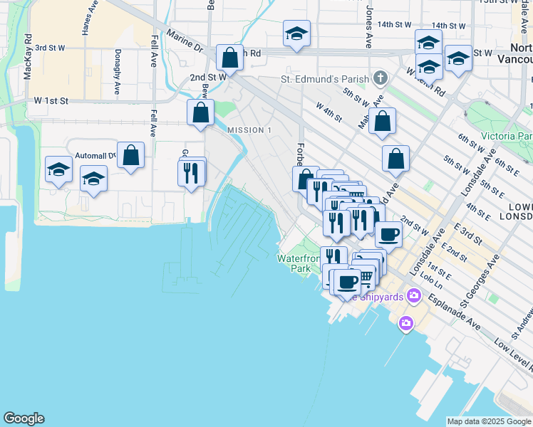 map of restaurants, bars, coffee shops, grocery stores, and more near 415 Esplanade West in North Vancouver
