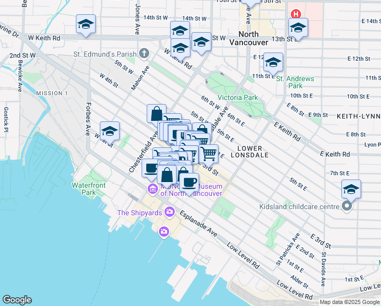 map of restaurants, bars, coffee shops, grocery stores, and more near 345 Lonsdale Avenue in North Vancouver