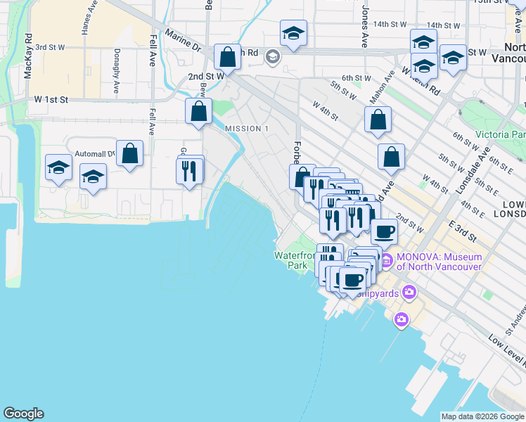 map of restaurants, bars, coffee shops, grocery stores, and more near 415 Esplanade West in North Vancouver